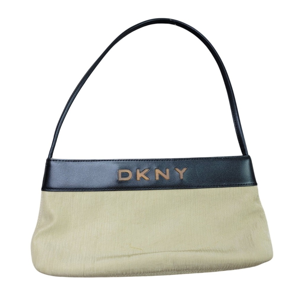 DKNY Vintage Baguette Shoulder Bag Khaki Canvas Black Leather Y2K Small Purse
